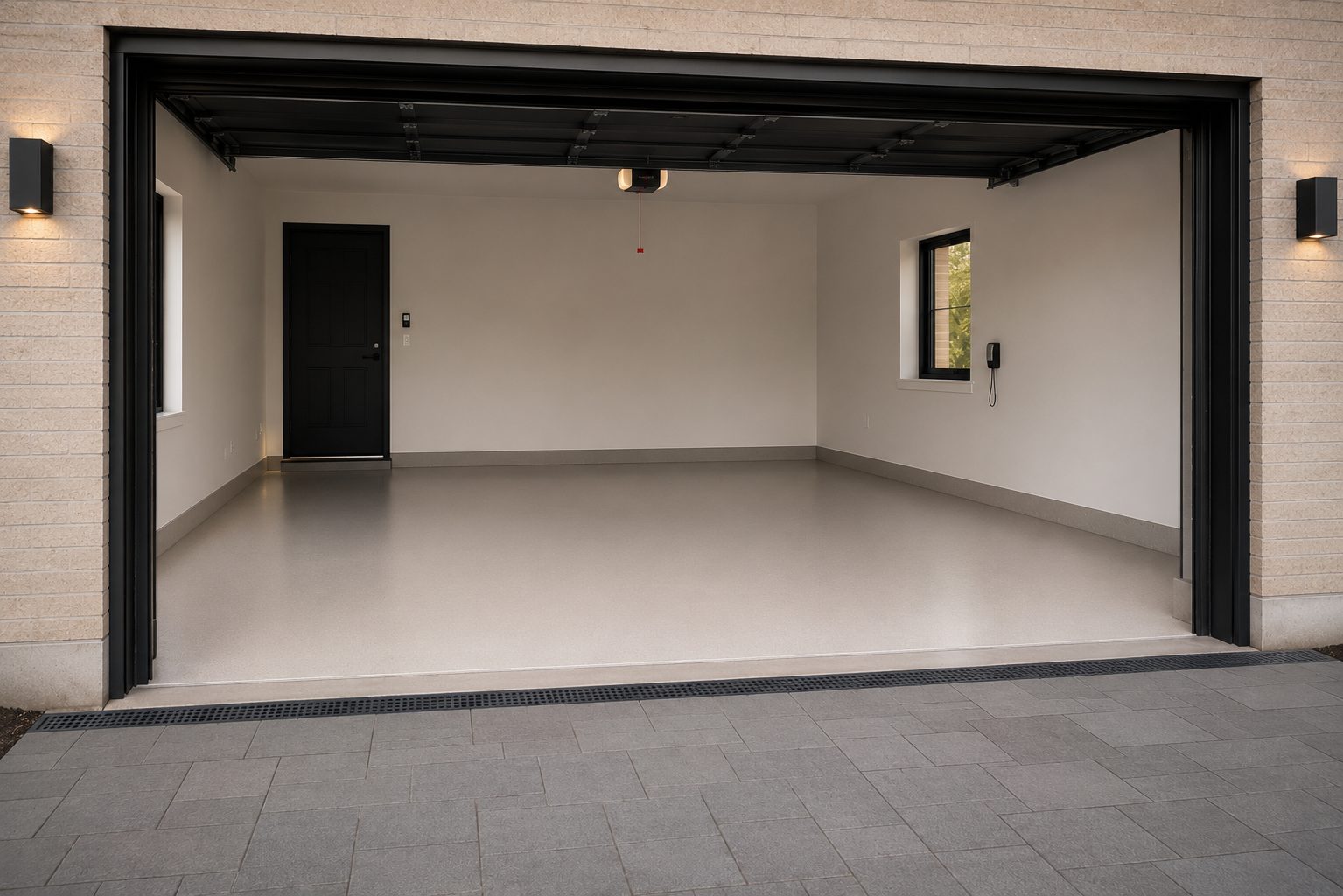 Empty two-car garage with a solid architectural floor finish, brick exterior, daylight.
