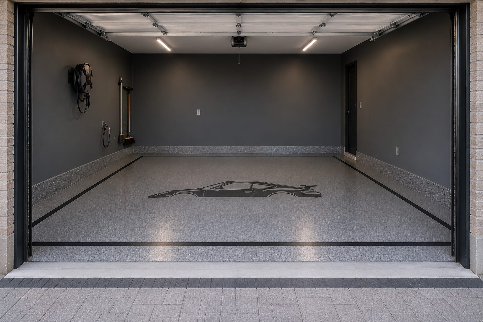 Bespoke composite garage floor with a flake field, an inlaid architectural border, and a car silhouette inlaid at center.