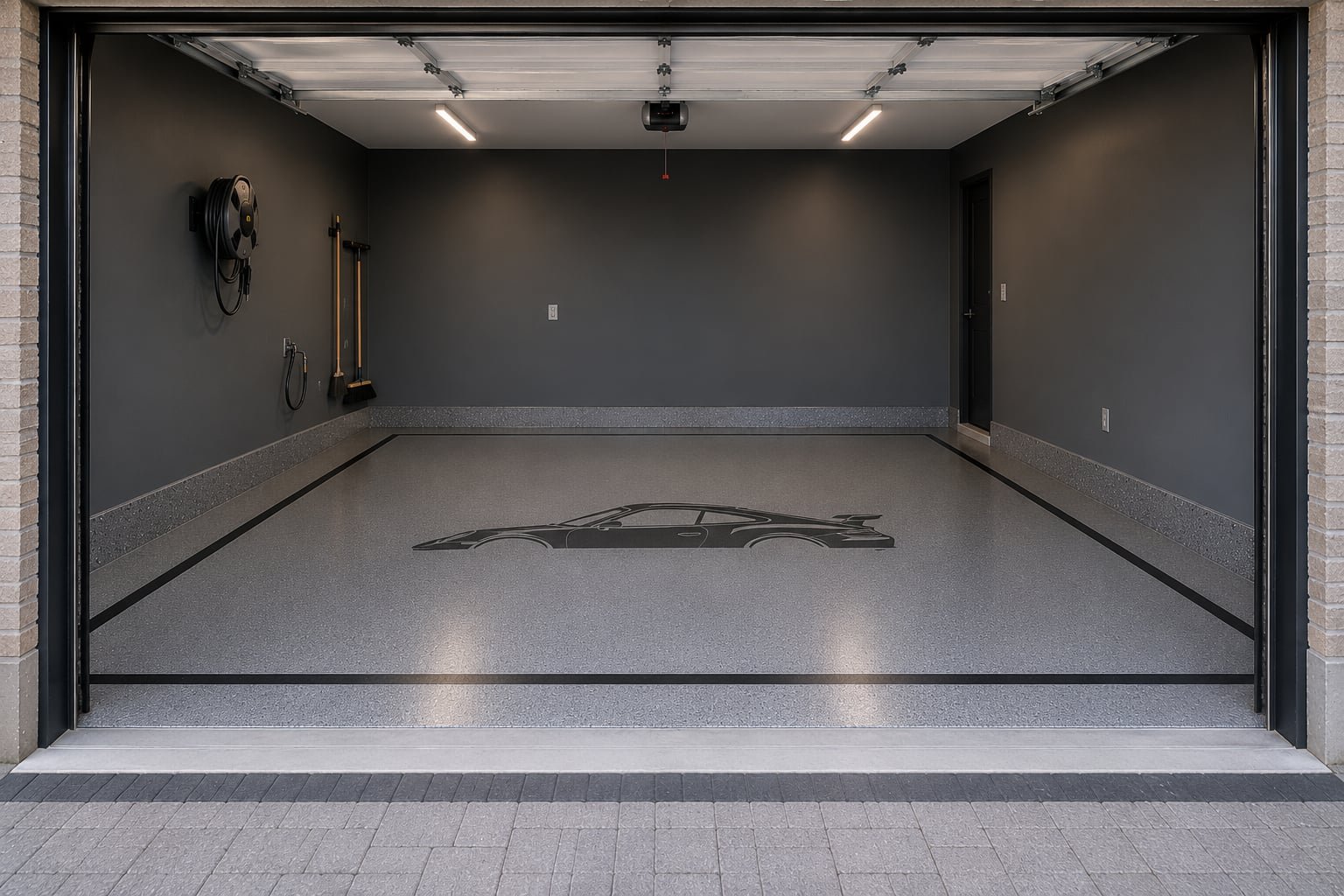Bespoke composite garage floor with a flake field, an inlaid architectural border, and a car silhouette inlaid at center.