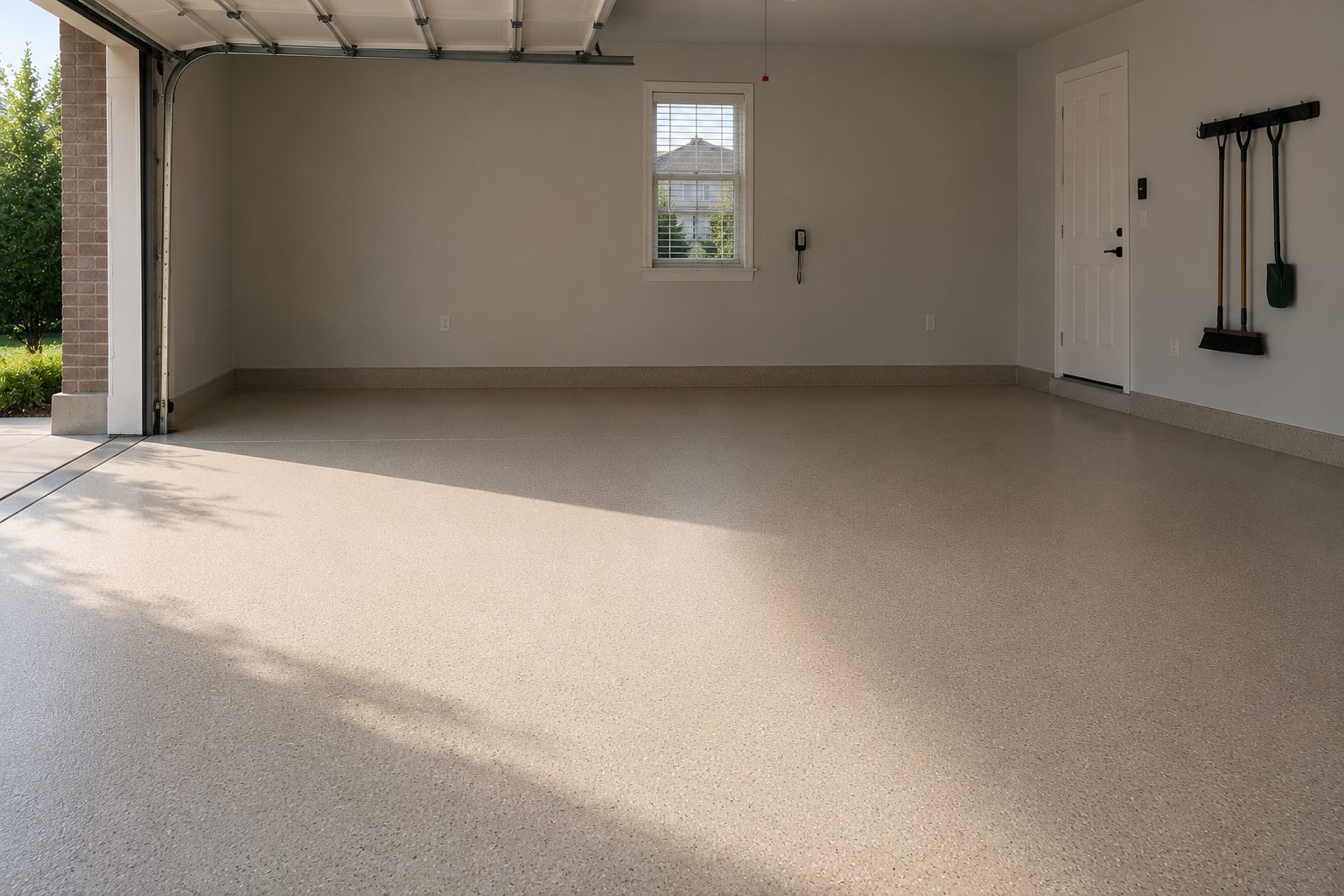 Flake garage floor finish in a warm neutral blend, close texture visible.