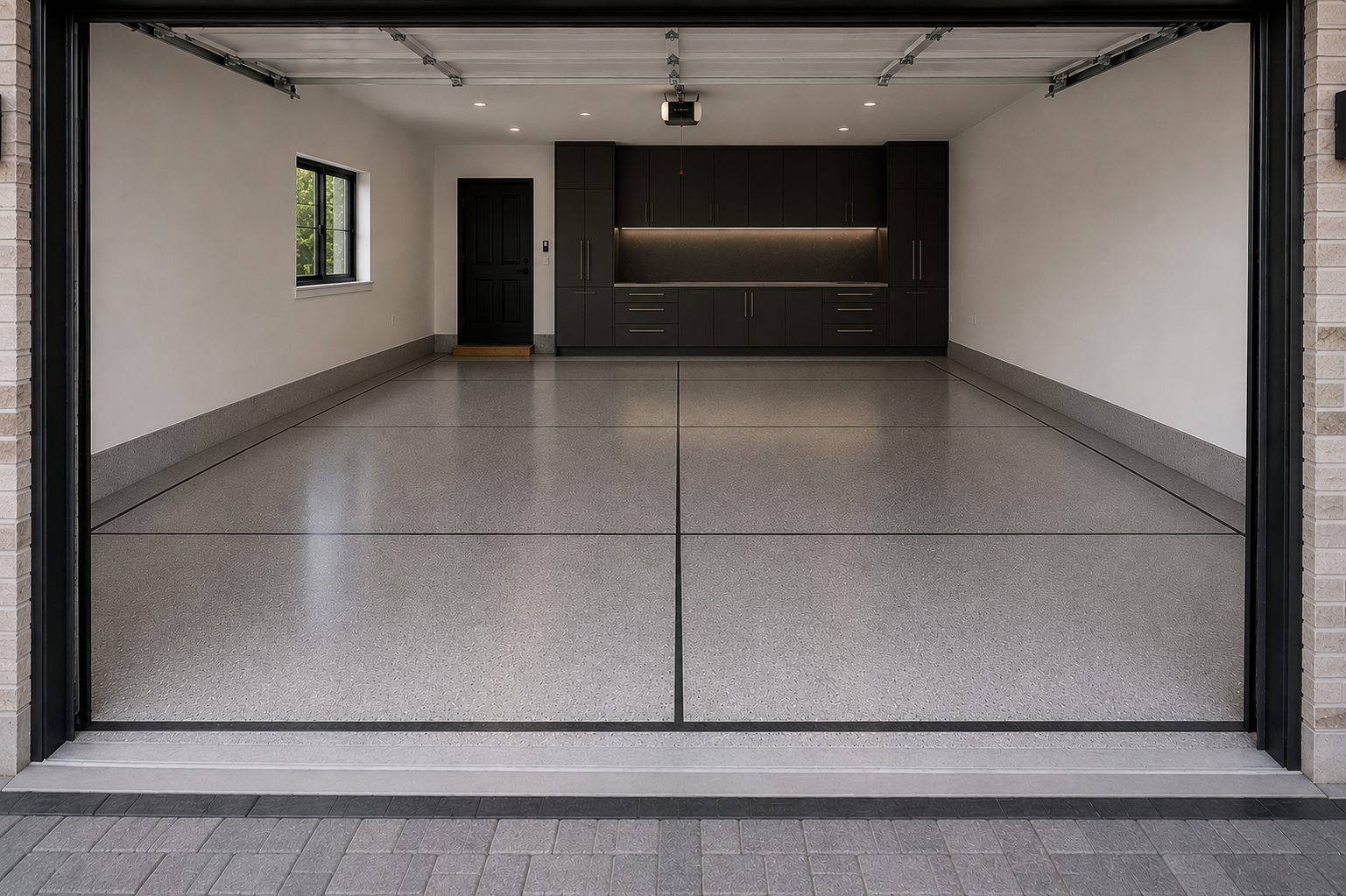 Garage floor with crisp black inlaid lines forming a divided grid, dark cabinetry backdrop.
