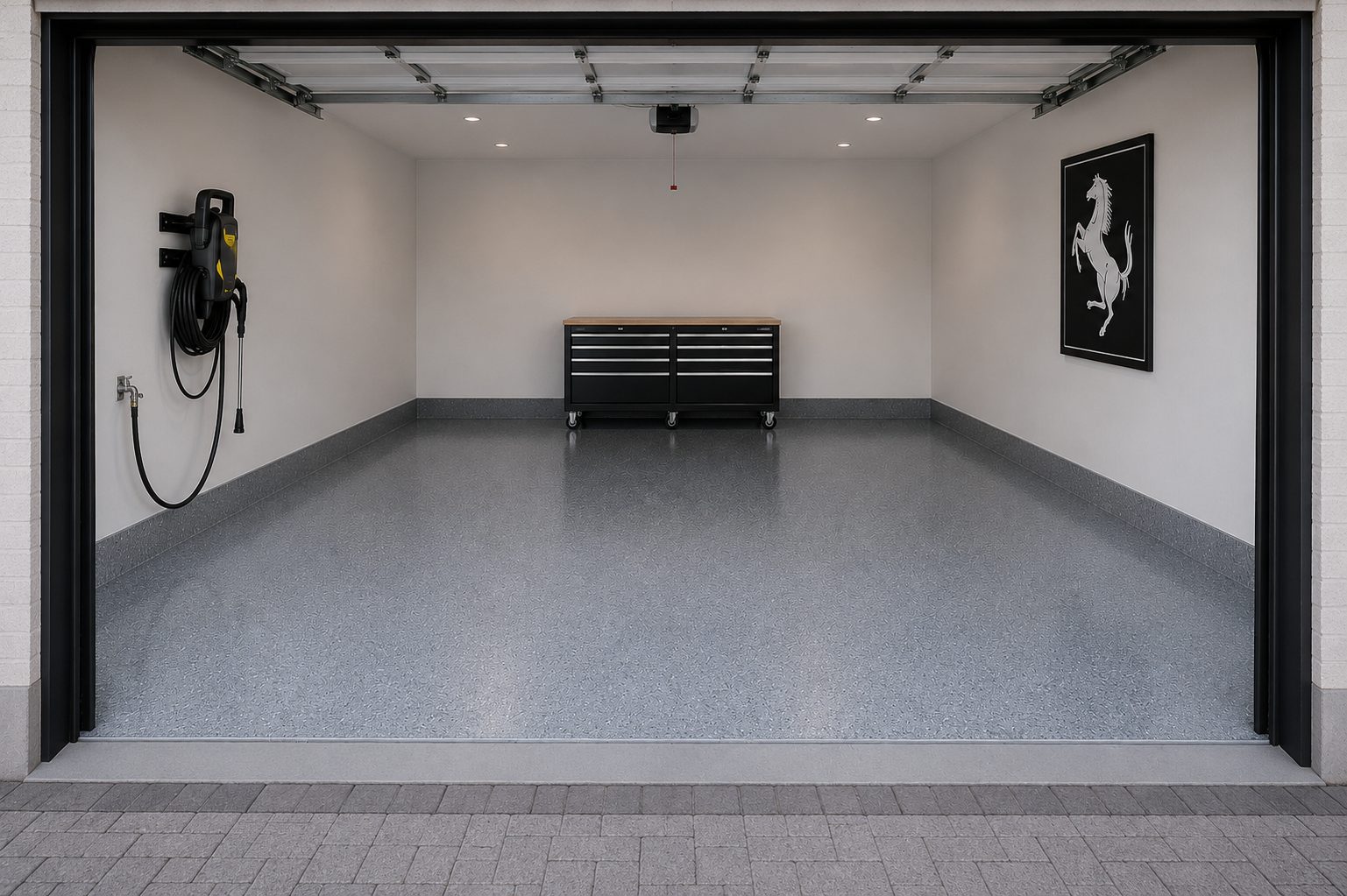 Solid colour garage floor in a dark charcoal tone, smooth and uniform.